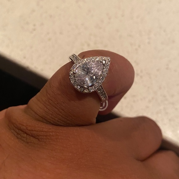 New Halo Pear Austrian Crystal Ring with Single Half Row Pave Engagement Ring - Picture 11 of 12